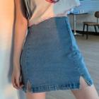 Short-sleeve Printed Ruffle-trim T-shirt / High-waist Side-slit Denim Skirt