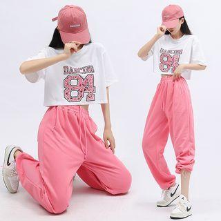 Elbow-sleeve Lettering T-shirt / High Waist Loose Fit Jogger Pants / Set