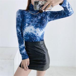 High-neck Long-sleeve Tie-dye Print Top