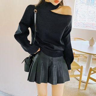 High-neck Cutout-shoulder Knit Top
