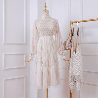 Lace Panel Long-sleeve Party Dress