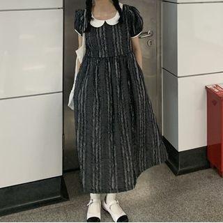 Puff-sleeve Collared Maxi A-line Dress Black - One Size