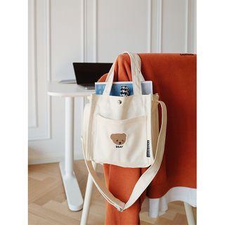Bear Embroidered Canvas Handle Crossbody Bag