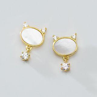 925 Sterling Silver Rhinestone Shell Cat Dangle Earring S925 Silver - 1 Pair - One Size