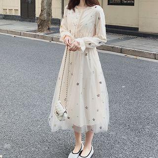 Long-sleeve Starry Mesh A-line Midi Dress