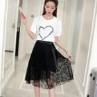 Set: Short-sleeve Printed T-shirt + Lace A-line Skirt