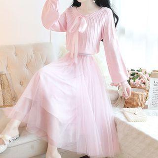 Set: Bow Sweater + Midi A-line Mesh Skirt