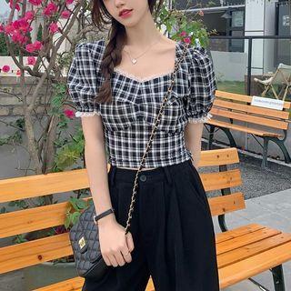Puff-sleeve Plaid Lace Trim Blouse