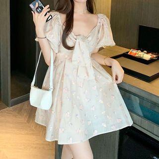 Puff-sleeve Tie Neck Floral Dress Dress - One Size