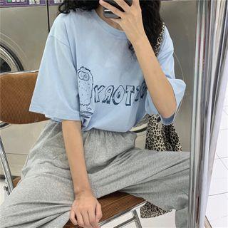 Elbow-sleeve Lettering Print T-shirt / Harem Sweatpants