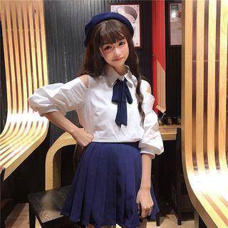 Cold-shoulder Lantern-sleeve Shirt / Mini Pleated Skirt