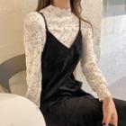 Set: Long-sleeve Lace Top + Spaghetti Strap Midi A-line Dress