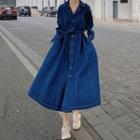 Denim Tie-waist Button-up Midi A-line Dress