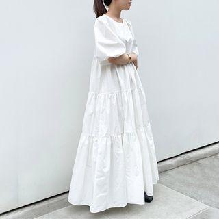 Puff-sleeve Tiered Maxi A-line Dress White - One Size
