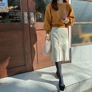 Band-waist Slit-front Corduroy Skirt