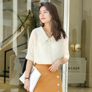 V-neck Elbow-sleeve Shirt Almond - One Size