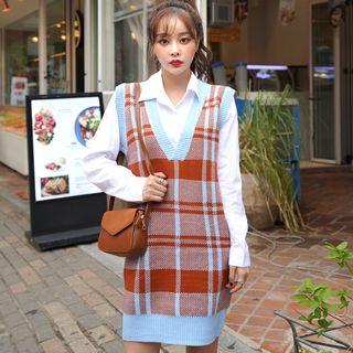 V-neck Plaid Long Knit Vest