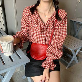 Bell-sleeve Ruffled Gingham Blouse