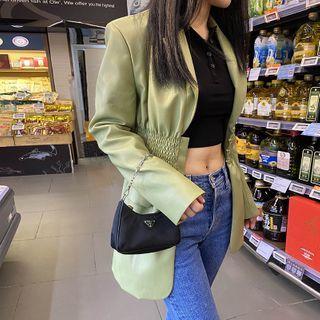 Plain Pleated Leather Long-sleeve Blazer