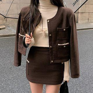 Woolen Jacket / Mini Fitted Skirt / Long-sleeve T-shirt / Spaghetti Strap Top