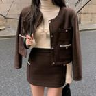 Woolen Jacket / Mini Fitted Skirt / Long-sleeve T-shirt / Spaghetti Strap Top