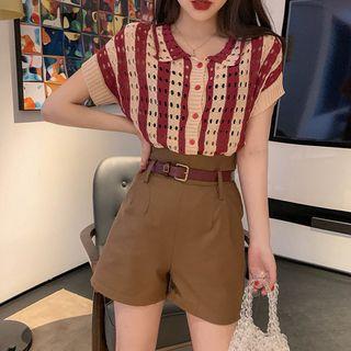 Short-sleeve Perforated Striped Knit Top / Wide-leg Shorts