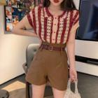 Short-sleeve Perforated Striped Knit Top / Wide-leg Shorts