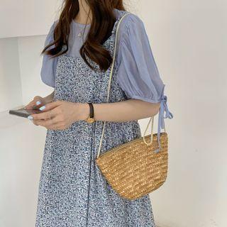 Set : Floral Dress + Puff-sleeve Top