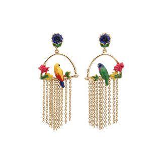 Fashion And Elegant Plated Gold Enamel Parrot Tassel Earrings With Cubic Zirconia Golden - One Size