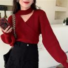 Mock-neck Cutout Wrapped Sweater Red - One Size