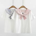 Short-sleeve Striped Trim Wide Collar Embroidered Top