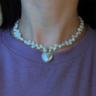 Heart Pendant Freshwater Pearl Choker White - One Size