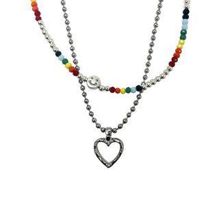 Set: Heart Pendant Alloy Necklace + Smiley Bead Alloy Necklace