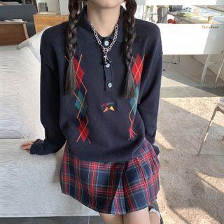 Polo-neck Argyle Sweater / Plaid Mini A-line Skirt