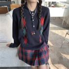 Polo-neck Argyle Sweater / Plaid Mini A-line Skirt