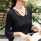 3/4-sleeve Knit Top Black - One Size