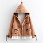 Deer Embroidered Hooded Button-up Jacket Padded - Coffee - One Size