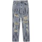 Mid Rise Distressed Washed Straight Leg Jeans