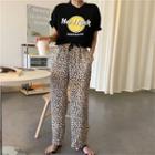 Elbow-sleeve T-shirt / Leopard Print Midi A-line Skirt / Wide-leg Pants