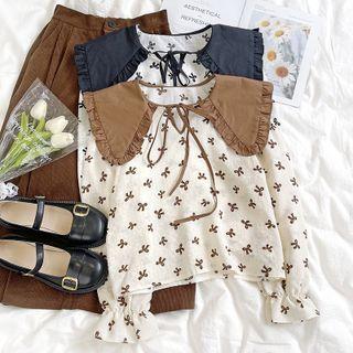 Long-sleeve Peter Pan Collar Bow Bow Print Top