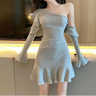 Bell-sleeve One-shoulder Ruffle Hem Mini Sheath Dress