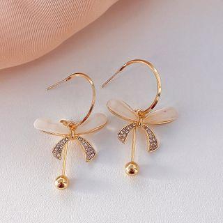 Bow Cat Eye Stone Rhinestone Dangle Earring 1 Pair - Earring - Silver - Long - Bow - Gold - One Size