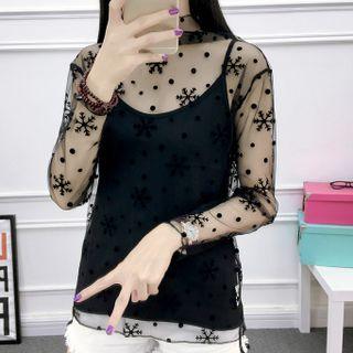 Long-sleeve Mesh Top Snowflake - Black - One Size