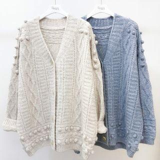 Long-sleeve V-neck Pom Pom Cardigan