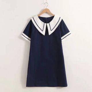 Short-sleeve Collared Shift Dress Navy Blue - One Size