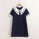 Short-sleeve Collared Shift Dress Navy Blue - One Size