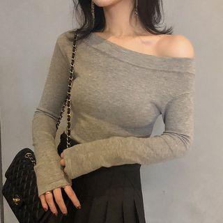 Off-shoulder Long-sleeve Knit Top Gray - M
