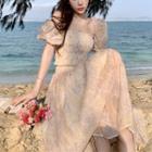 Set: Off-shoulder Printed Lace Blouse + Midi A-line Skirt