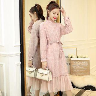 Mock-neck Panel-hem Embroidery Midi Dress