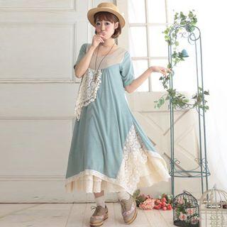 Color Block Lace Panel Asymmetric Short Sleeve Dress